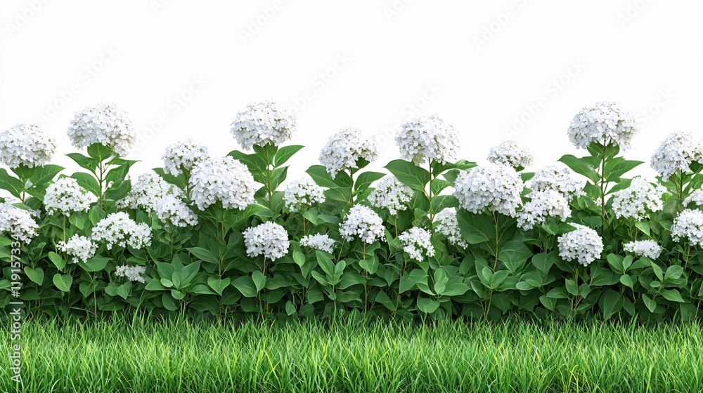 Sticker Blooming white flowers create a stunning garden landscape with lush green grass