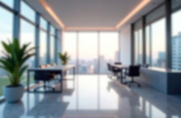 Beautiful blurred background of a light modern office interior with panoramic windows and beautiful lighting