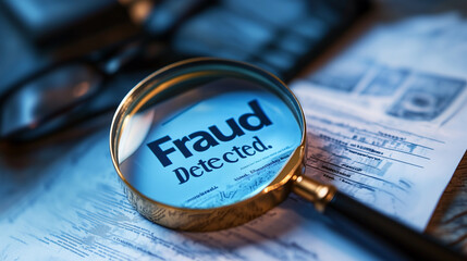 A magnifying glass focuses on the words fraud detected amidst scattered financial papers and glasses, illustrating a detailed examination in a serious investigative context.