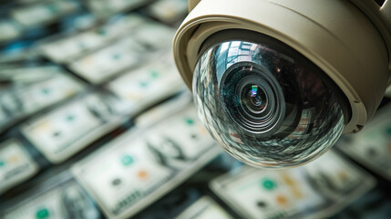 A surveillance camera is positioned above a large quantity of cash, capturing the details of the stacks of money beneath. The setting conveys a sense of security and financial transaction.
