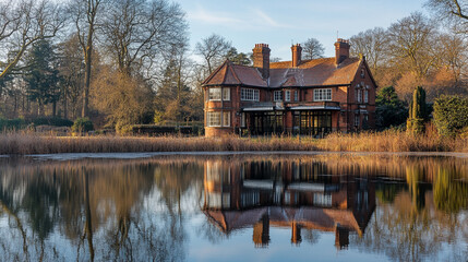 Fototapeta premium Charming house reflected in serene lake surrounded by trees in early morning light