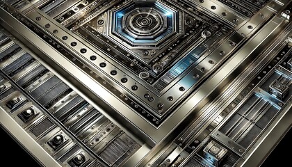 Metallic futuristic background with layered steel textures, embossed patterns, and glowing edges for a refined industrial design. Generative AI