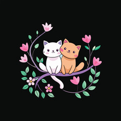 A pair of love cats perched on a branch surrounded and celebrate valentine's day art illustration