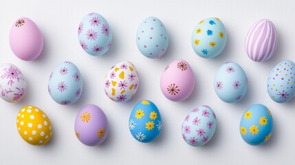 Obraz premium A vibrant Easter backdrop featuring an array of neatly arranged eggs adorned with floral patterns