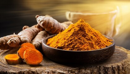 Generated image Curcuma turmeric closeup shot. Organic healthy natural herb ingredient, spice aroma food,