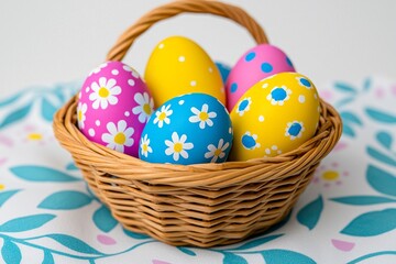 A basket woven from reeds, filled with eggs dyed in various colors for Easter festivities