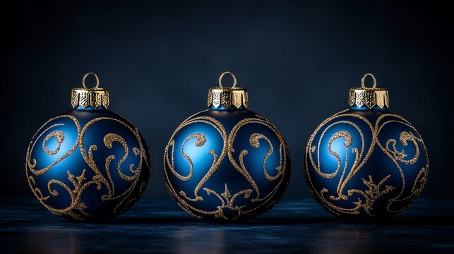Decorative blue ornaments with intricate gold designs arranged on a dark surface