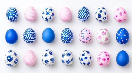 Obraz premium A meticulously arranged assortment of eggs adorned with floral patterns, set against a pink and blue Easter backdrop