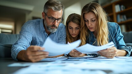 Caucasian family reviewing documents at home