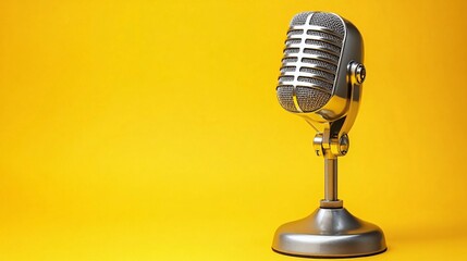 Vintage microphone on simple yellow backdrop for music and podcasting uses