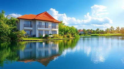 Obraz premium Beautiful waterfront house surrounded by greenery and vibrant blue skies in daylight