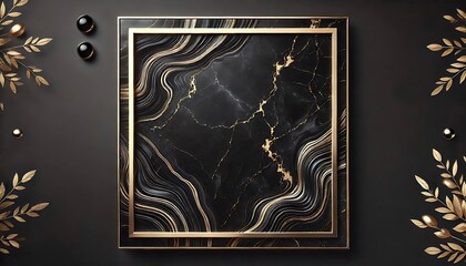 Black marble with metallic gold border frames, sleek minimalist luxurious background, seamless and polished, generative ai