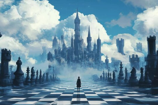 A lone figure standing before a giant chessboard in a surreal fantasy world, representing strategic decision-making.