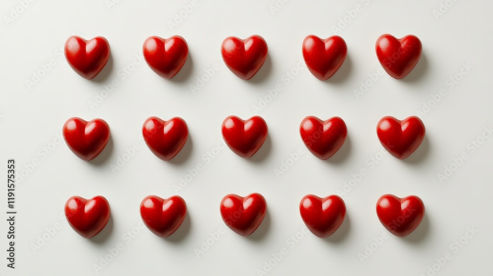 Aufkleber fifteen shiny red hearts are arranged in perfect rows on a clean white background, creating a vibran