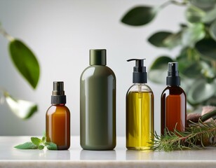 Generated image Different bottles of natural herb plant ingredients in shampoo. Organic healthy product