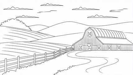 Agriculture countryside field with barn, rolling hills and wooden fence, coloring book page under sky with clouds. Village farm drawingillustration, outline contour meadow, preschool, sketchLess
