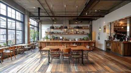 Cozy cafe interior with wooden furniture and large windows in a modern design setting