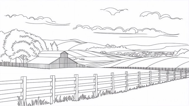 Agriculture countryside field with barn, rolling hills and wooden fence, coloring book page under sky with clouds. Village farm drawingillustration, outline contour meadow, preschool, sketchLess