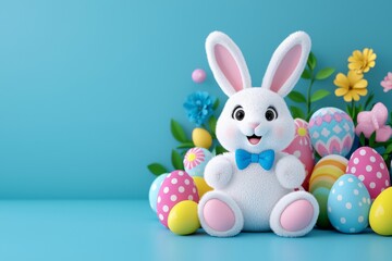 Obraz premium A frame filled with vibrant Easter eggs featuring the Easter Bunny. A humorous rabbit banner surrounded by colorful eggs. Happy Easter, ideal for card, postcard, or poster design