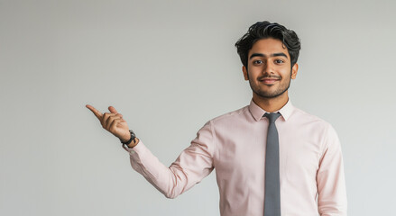 A young man wearing a light pink dress shirt and a tie stands against a plain wall, confidently gesturing with his right hand. His expression is friendly and engaging.