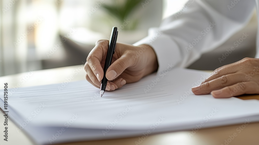 Poster close up view of a female hand gripping a pen, writing detailed notes on paper while working at an o