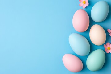 Colorful Easter eggs in a nest surrounded by blooming branches on a light blue background, Happy Easter, Congratulatory Easter background, Easter eggs and flowers, AI Generated