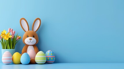 Obraz premium Easter joy: a lively banner featuring eggs, bunnies, and flowers, setting a cheerful mood. Plenty of space for your Easter messages and wishes