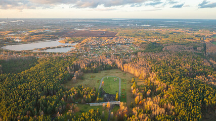 Aerial photo from drone to Monuments at Salaspils Memorial Ensemble. Monument at the site of the...