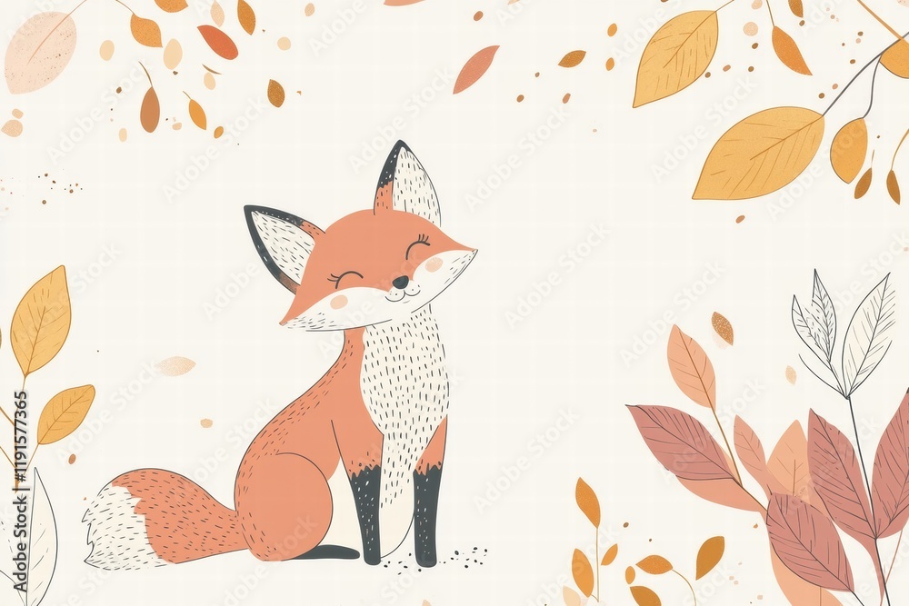 Poster Illustrated fox sits joyfully among minimalist leaves in an autumn setting with warm colors and playful design elements. Generative AI