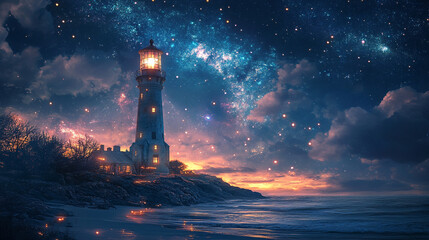Obraz premium Night sky illuminated by stars and a glowing lighthouse near the shore