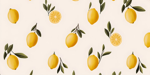 Lemons and lemon slices on branches with leaves.  A vibrant, fresh, and summery pattern.
