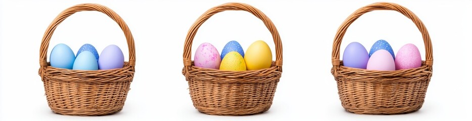 Wicker baskets, filled with an array of colorful Easter eggs in diverse designs, are presented against a transparent backdrop