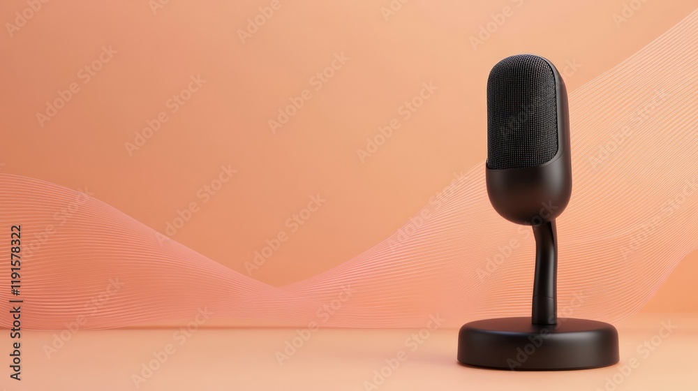 Poster Modern black microphone standing on peach colored surface with elegant wavy design in background, creating visually appealing setup for recording music or podcasts