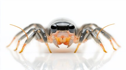 Close-up of a small, dark-colored spider-like creature with orange mandibles, on a white background.
