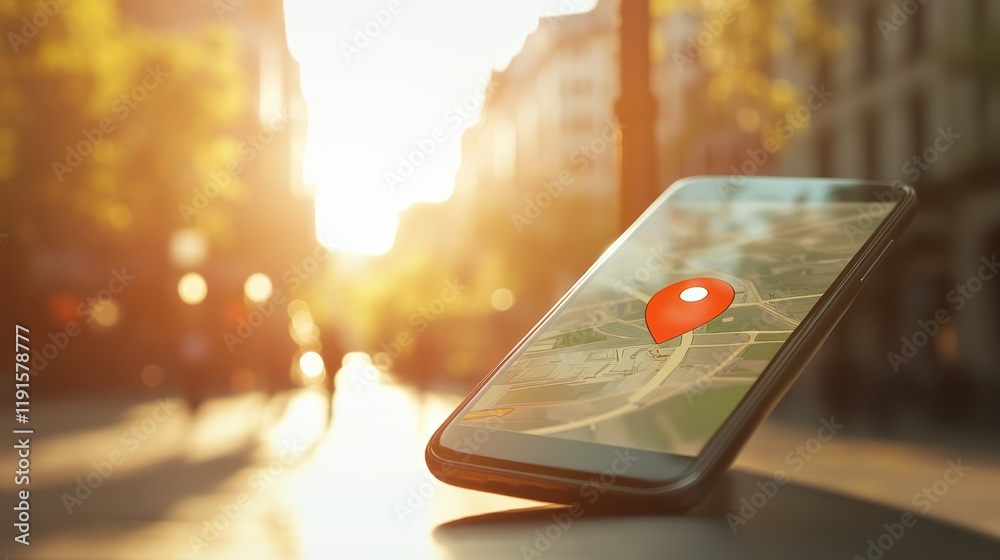 Poster Mobile phone displaying navigation map with red geotag marker pinpointing current location on bright sunny urban street, providing convenient wayfinding and location based services