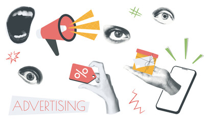 Advertising vintage collage conception set in retro halftone design. Collection with mouth shouting into loudspeaker, eyes, hands holding discount tag or special shopping gift. Vector illustration.
