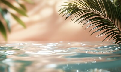 an abstract composition where the wavy water texture and palm leaf form a harmonious