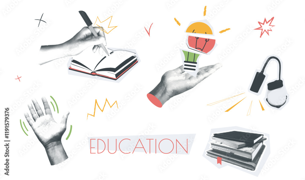Aufkleber education vintage collage conception set in retro halftone design. collection with hands holding new