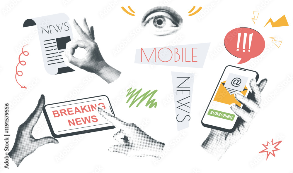Aufkleber Mobile news vintage collage conception set in retro halftone design. Collection with hands holding smartphone with emails and online articles, reading global breaking messages. Vector illustration.
