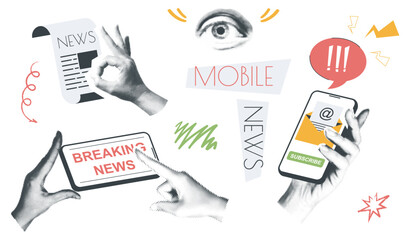 Mobile news vintage collage conception set in retro halftone design. Collection with hands holding smartphone with emails and online articles, reading global breaking messages. Vector illustration.