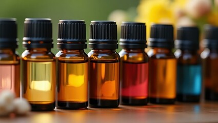 Wellness Diffuser. Amber essential oil bottles lined up with blurred b