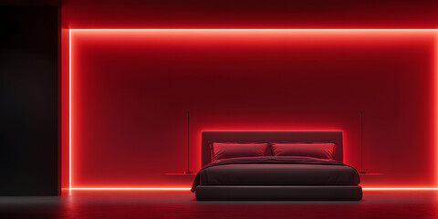 Modern bedroom with red LED lighting creating a dramatic and intimate atmosphere.  Sleek design and minimalist aesthetic.