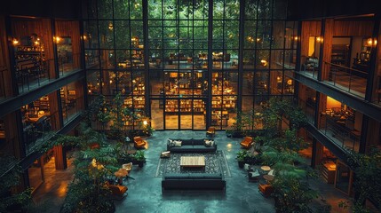 Obraz premium Cozy indoor garden living room with lush greenery and elegant lighting