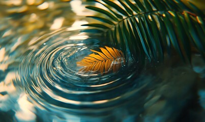 a palm leaf partially submerged in wavy water, with ripples radiating outward