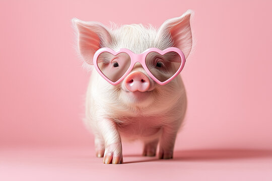cerdo con gafas de sol con forma de coraz&oacute;n sobre fondo rosa
