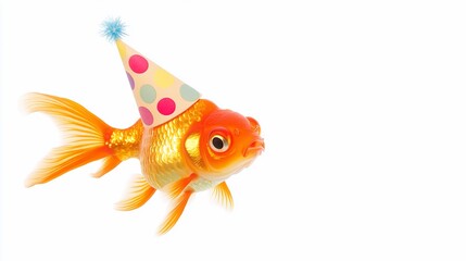 Fototapeta premium Goldfish wearing a party hat on white background.