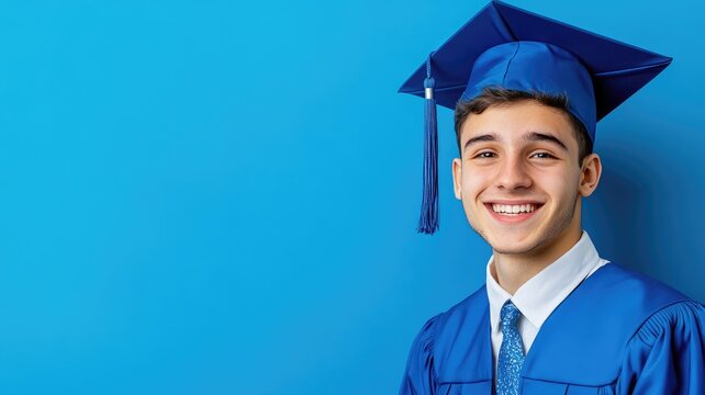 Young male graduate in blue cap and gown, smiling against background