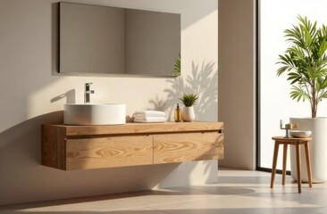 Fototapeta premium Wooden table for product display in bathroom