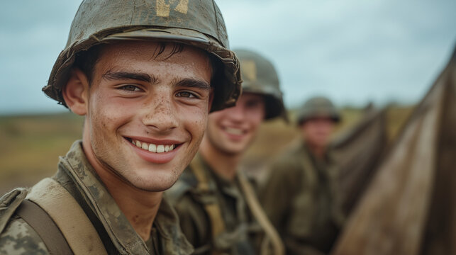 Un grupo de j&oacute;venes soldados sonrientes en uniforme, mostrando camarader&iacute;a y orgullo.