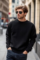 A stylish young man wearing a black sweatshirt mockup and sunglasses, walking confidently on a city street. The background features urban architecture and blurred pedestrians.
